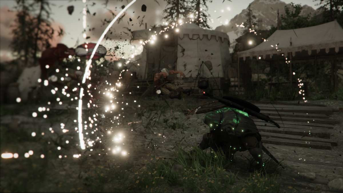 Kliff swings his spear down from overhead, knocking back two enemies.